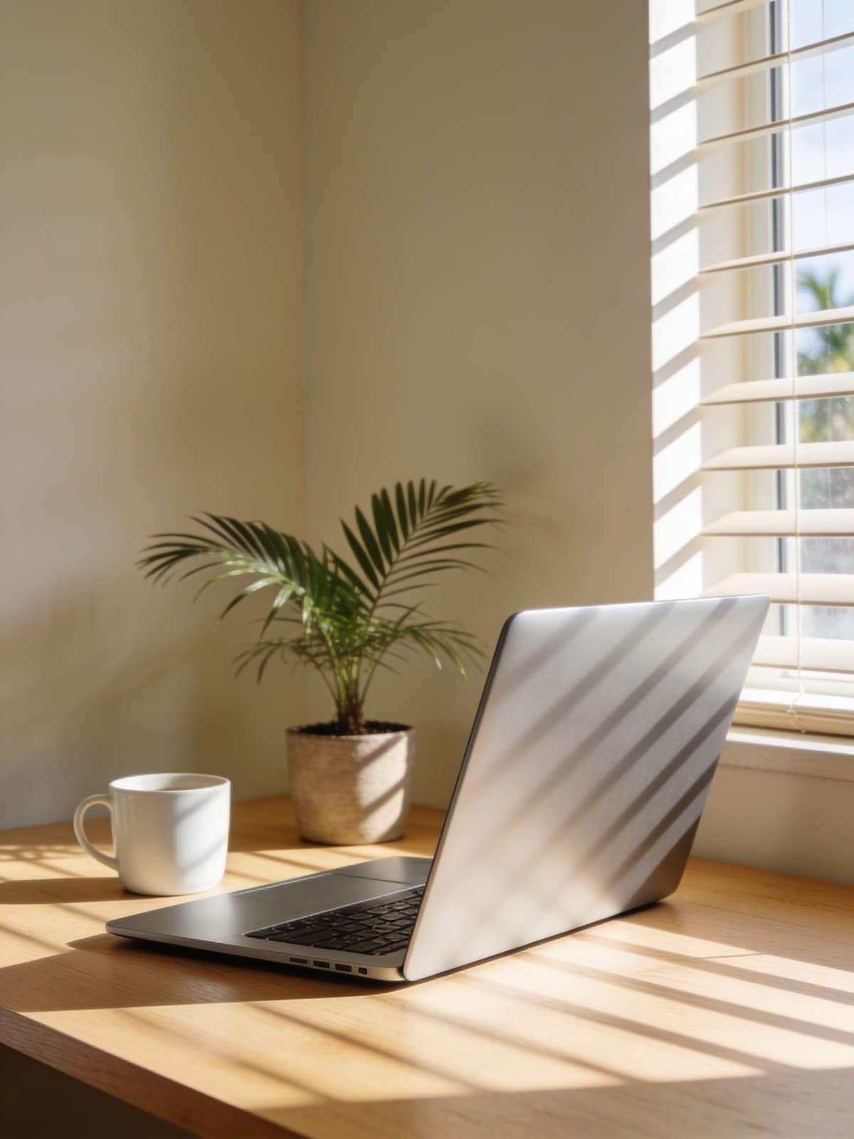 An open laptop on a pale oak desk in afternoon light