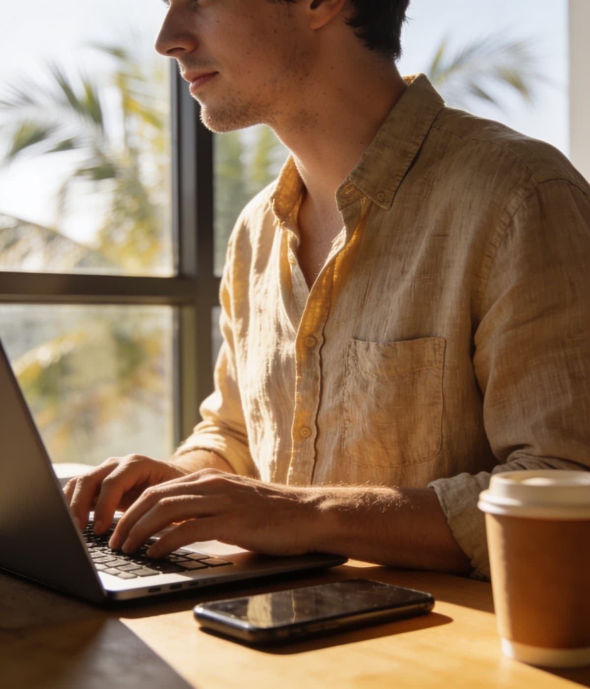 A person mapping out a project on a laptop at a sunlit desk
